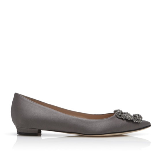 Manolo Hangisi Grey Satin Jewel Buckle Flats - Picture 2 of 8